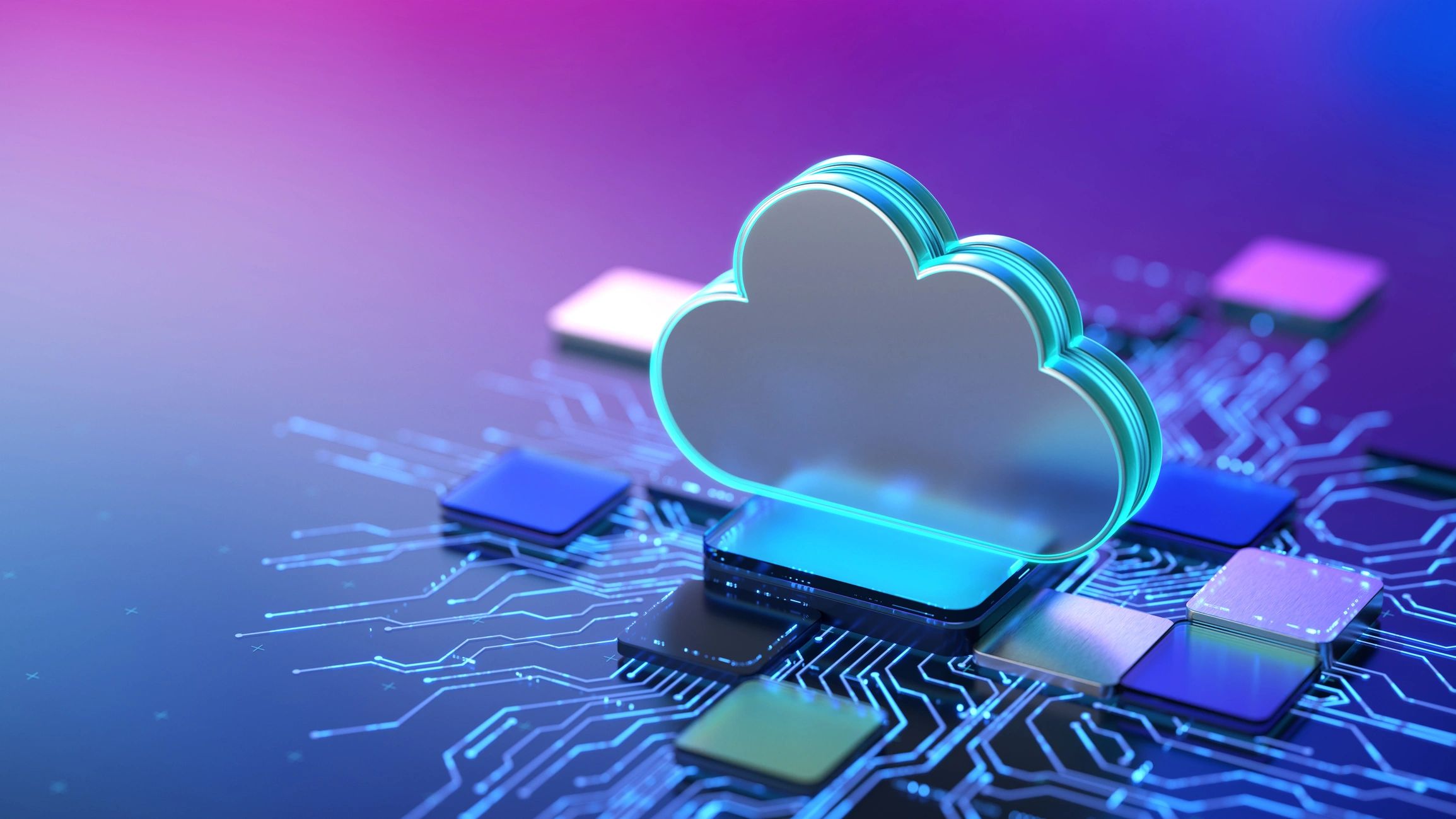 Cloud computing concept with glowing cloud icon and digital infrastructure